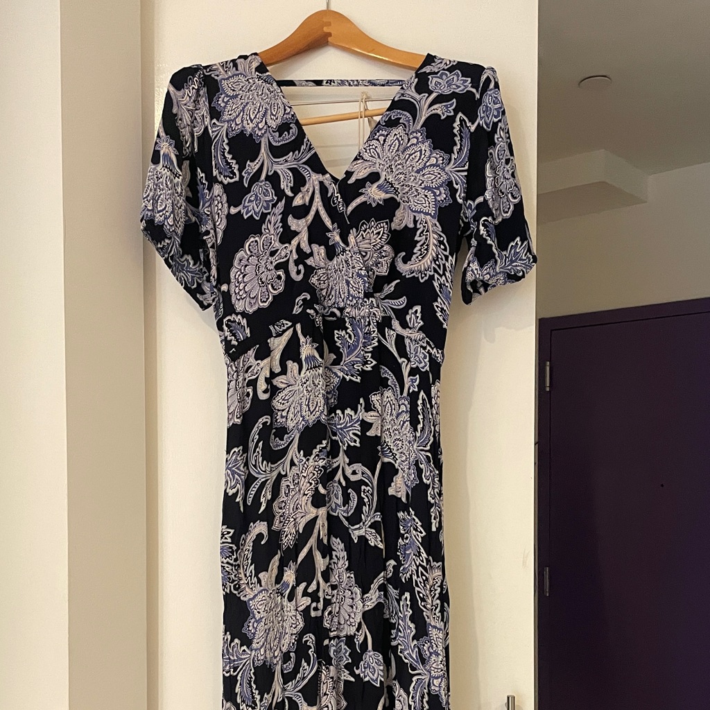Fat Face Black Paisley Dress With Blue & Cream Details